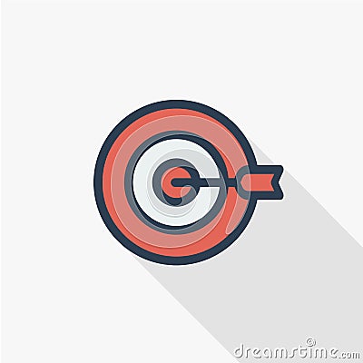 Target, goal, success marketing concept, arrow center thin line flat icon. Linear vector symbol colorful long shadow Vector Illustration