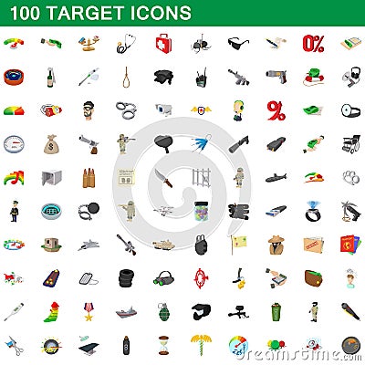 100 target icons set, cartoon style Vector Illustration