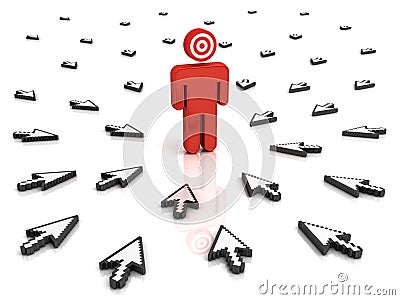 Target man with many arrow cursors aiming at him over white background Stock Photo