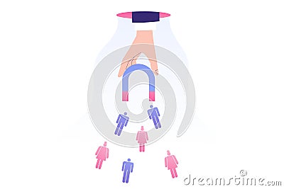 Target marketing concept. Hand attracting people pictograms with magnet. Successful consumer and targeting. Public relations. Vector Illustration