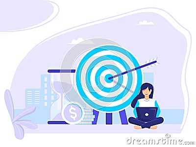 Target selection achieved. Concept of business Achievement Measurement and Grow Goals for Web Banner Infographic Images. Flat Vector Illustration
