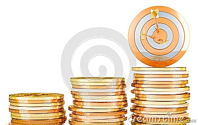 Target with stacks of growing gold coins. Successful business concept, 3D rendering Stock Photo