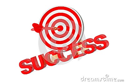 Target to Success Concept. Success Sign in front of Archery Target with Dart in Center. 3d Rendering Stock Photo