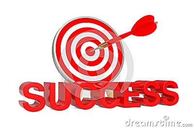 Target to Success Concept. Success Sign in front of Archery Target with Dart in Center. 3d Rendering Stock Photo
