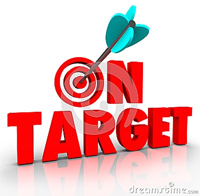 On Target Words Arrow Bull's Eye Direct Hit Mission Progress Stock Photo