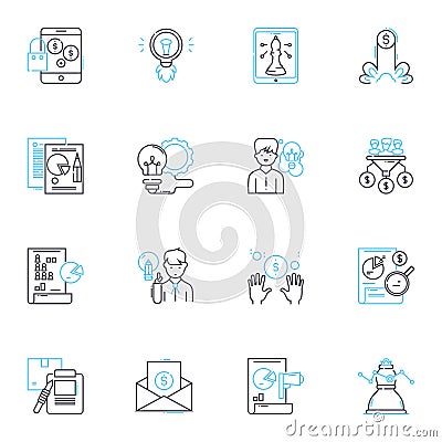Targeted advertising linear icons set. Personalized, Precision, Efficient, Effective, Segmented, Analytical, Behavioral Vector Illustration