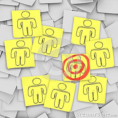 Targeted Customer in Bulls-Eye - Sticky Notes Stock Photo