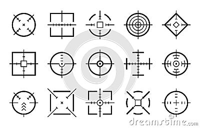 Targets destination. Aim sniper shoot focus cursor bullseye mark targeting aiming sight center game dot pointer set Vector Illustration
