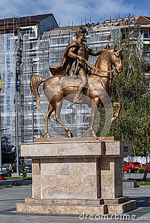 The statue of the Romanian voivode Michael the Brave Mihai viteazul in Targoviste, Romania. Editorial Stock Photo