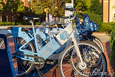 Tarheel Bikes, rental bicycles, on the Campus of UNC, University of North Carolina at Chapel Hill Editorial Stock Photo