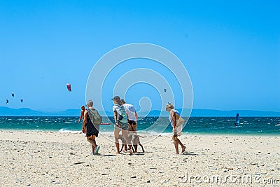 Kitesurfing on Valdevaqueros beach, Gibraltar Strait in Tarifa, Spain Editorial Stock Photo