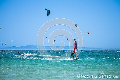 Kitesurfing on Valdevaqueros beach, Gibraltar Strait in Tarifa, Spain Editorial Stock Photo