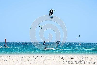 Kitesurfing on Valdevaqueros beach, Gibraltar Strait in Tarifa, Spain Editorial Stock Photo