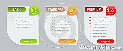 Tariff comparsion table web chart template Vector Illustration