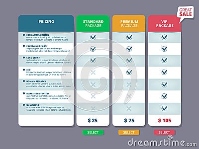 Tariff plans. Web ui template offers columns charts selection pricing discount service comparison vector Vector Illustration