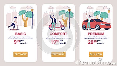 Tariff subscription plans. Price table. Mobile app screens, vector website banner template. UI, web site design. Vector Illustration