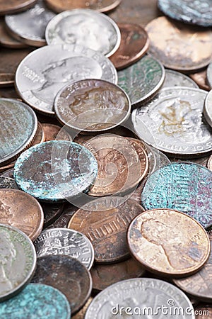 Tarnished and dirty United States coins Stock Photo