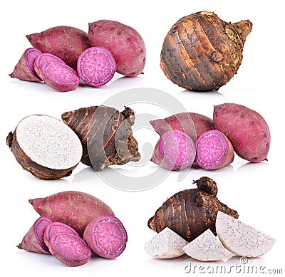 Taro roots and sweet potato on white background Stock Photo