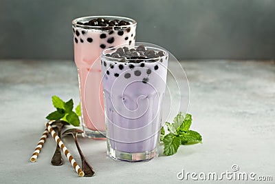 Taro and strawberry milk bubble tea in tall glasses Stock Photo