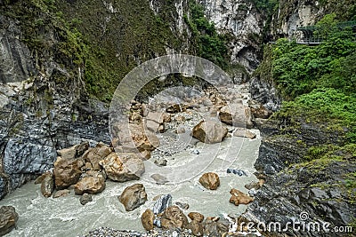 Taroko Gorge National Park in Taiwan. Beautiful Rocky Marble Canyon with Dangerous Cliffs and River Stock Photo