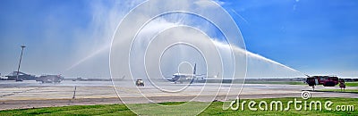 Tarom airplane first landing in Otopeni airport , water jets for inauguration Editorial Stock Photo