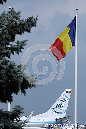 Tarom 60 years livery, tail close-up Romanian flag Editorial Stock Photo