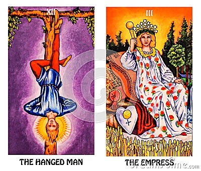 Tarot Birth Card Hanged Man / Empress Stock Photo