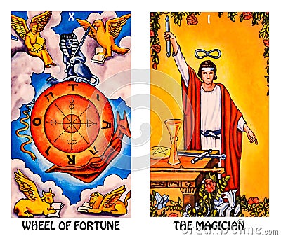 Tarot Birth Card Wheel of Fortune The Magician Stock Photo