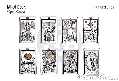 Tarot card deck. Major arcana set part 1of 3 . Vector hand drawn engraved style. Occult and alchemy. The fool, magician Vector Illustration