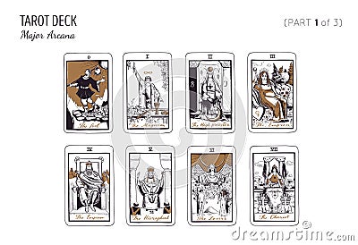 Tarot card deck. Major arcana set part 3 of 3 . Vector hand drawn engraved style. Occult and alchemy . The sun, moon Vector Illustration