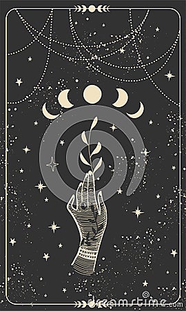 Tarot card with hand holding plant and moon. Magical boho design with stars, engraving stylization, witch cover in vintage design Vector Illustration