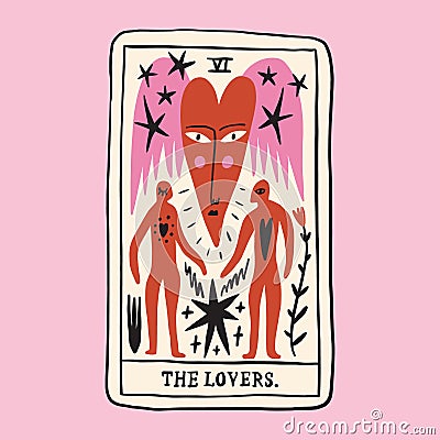 Tarot card The Lovers. Funky ugly Valentines heart, groovy cute comic character. Boho doodle modern print funny Vector Illustration