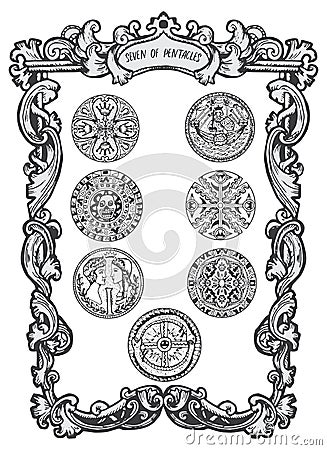 Seven of pentacles. Minor Arcana Tarot card Vector Illustration