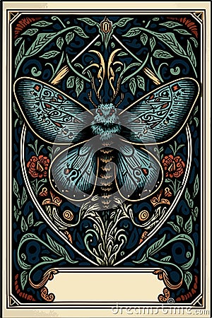 Tarot card with a moth in the middle. Astrology arcana cards or occult ritual vector illustration. Stock Photo