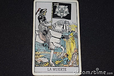 DEATH Tarot card number 13 represents death in major arcana tarot cards on black background Stock Photo