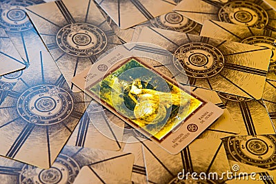 Tarot card Qeen of Pentacles. Labirinth tarot deck. Esoteric background. Editorial Stock Photo