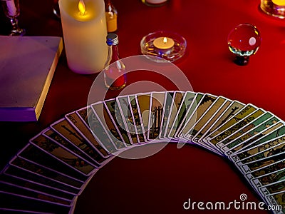 The tarot card on the table of fortune teller using occult divine power magic to forecast Stock Photo