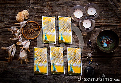 Tarot cards amd other accessories Stock Photo