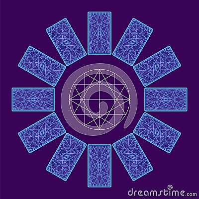 Tarot cards. Back side. Zodiac circle sread Vector Illustration