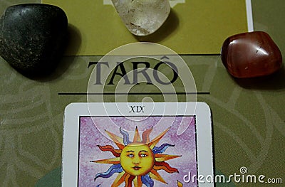 Tarot cards with crystal - Composition of esoteric objects Editorial Stock Photo