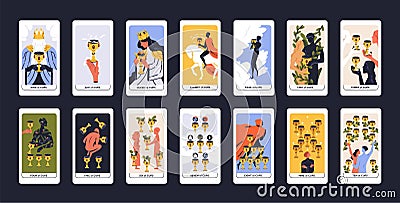 Tarot cards deck design. Minor Arcanas set, suit of cups, goblets pack. Occult esoteric spiritual Taro Ace, King, Queen Vector Illustration