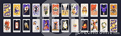 Tarot cards design. Occult major arcanas deck with esoteric magic symbols. Pack of spiritual signs of emperor, fool Vector Illustration