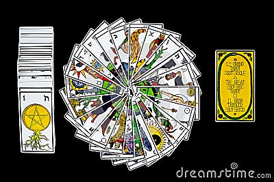 Tarot cards distributed in a circle with minor arcana and card with name Stock Photo