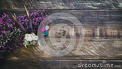 Tarot cards and esoteric decoration on a wooden background. Copy space. Esoteric concept and astrology Stock Photo