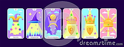 Tarot cards flat deck cartoon. Taro card major arcanas Include of Fool, Magican, Priestess, Hierophant, Emperor and Vector Illustration