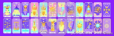 Tarot cards flat deck cartoon. Taro card major arcanas occult vector game set. Full pack of spiritual signs with Vector Illustration