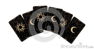 Tarot cards icon top view. Black cards face down with the moon and the sun. Drawing for fortune telling, astrology Vector Illustration