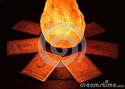 The tarot cards and magic stone Stock Photo