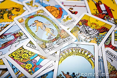 Tarot cards mystical background. Senior card world. Stock Photo