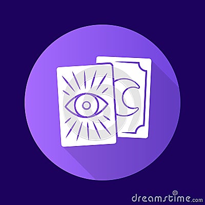 Tarot cards purple flat design long shadow glyph icon. Tarocchi, tarock, oracle cards. Fortune telling, divination Vector Illustration